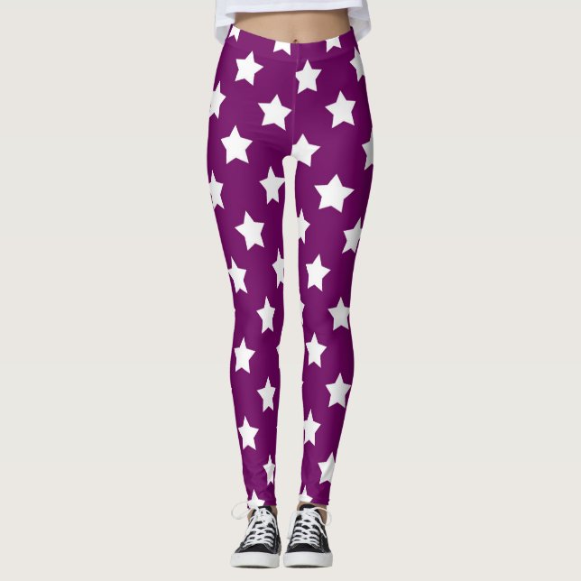 Purple White Stars Pattern Decorative Leggings (Front)