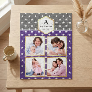 Purple White Stars Pattern Family Photo Collage Jigsaw Puzzle