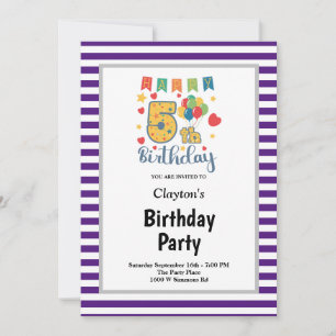 Purple/White Stripes Framed 5th Birthday Party Invitation