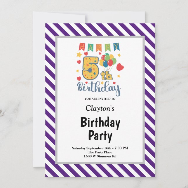 Purple/White Stripes Framed 5th Birthday Party Invitation (Front)
