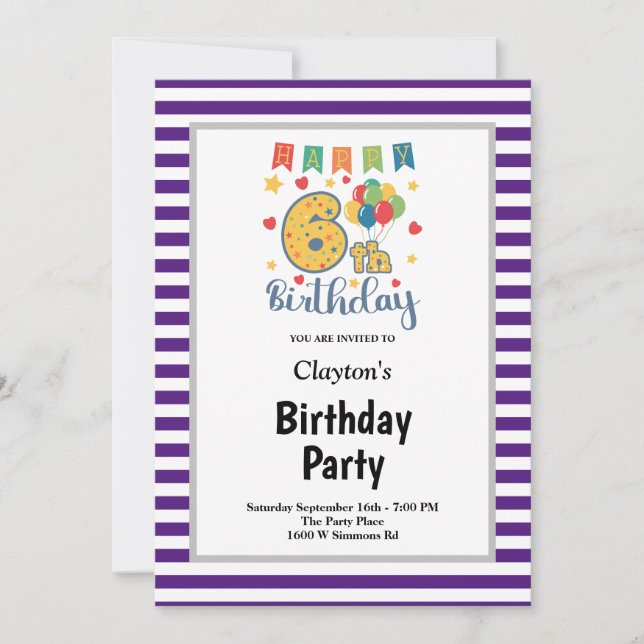 Purple/White Stripes Framed 6th Birthday Party Invitation (Front)