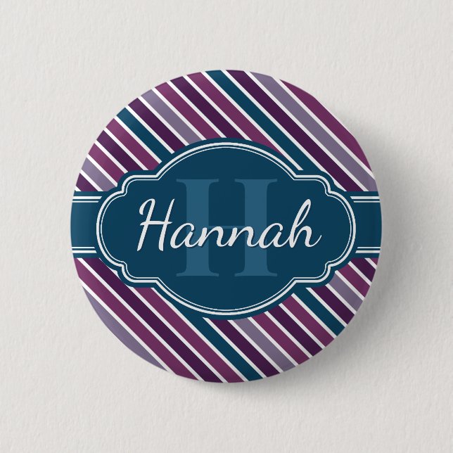 Purple White Teal Bold Stripe Pattern Monogram 6 Cm Round Badge (Front)