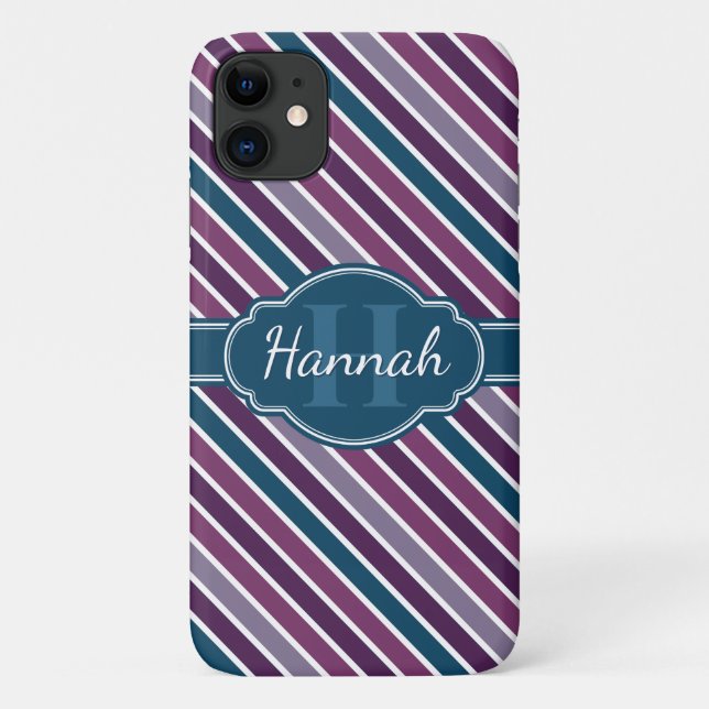 Purple White Teal Bold Stripe Pattern Monogram Case-Mate iPhone Case (Back)