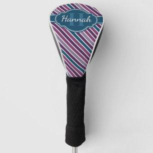 Purple White Teal Bold Stripe Pattern Monogram Golf Head Cover