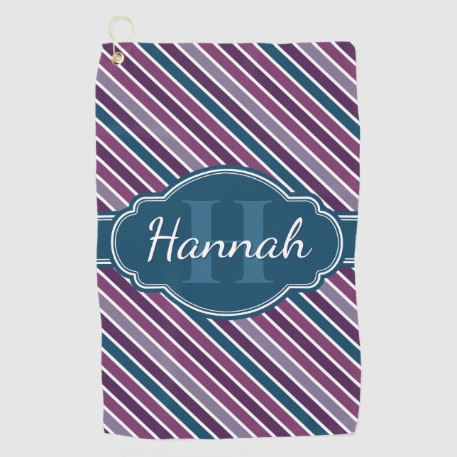 Purple White Teal Bold Stripe Pattern Monogram Golf Towel (Front)
