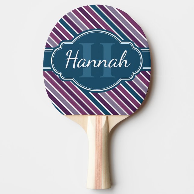 Purple White Teal Bold Stripe Pattern Monogram Ping Pong Paddle (Front)