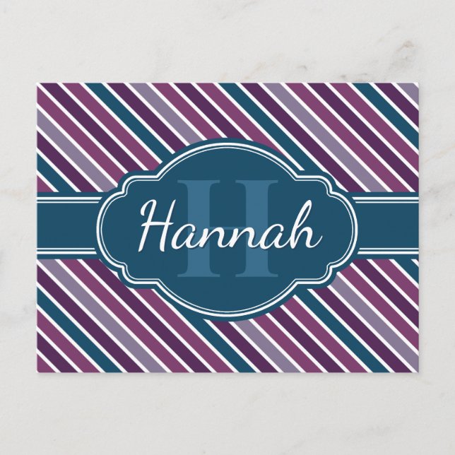 Purple White Teal Bold Stripe Pattern Monogram Postcard (Front)