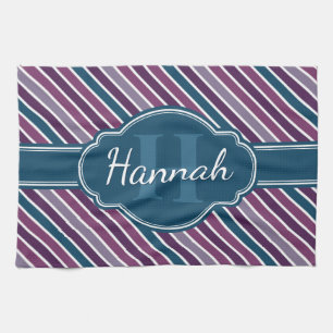 Purple White Teal Bold Stripe Pattern Monogram Tea Towel