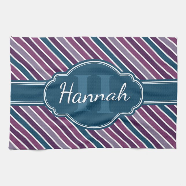 Purple White Teal Bold Stripe Pattern Monogram Tea Towel (Horizontal)