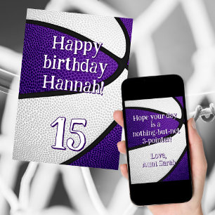 Purple white team colours girls basketball birthda card