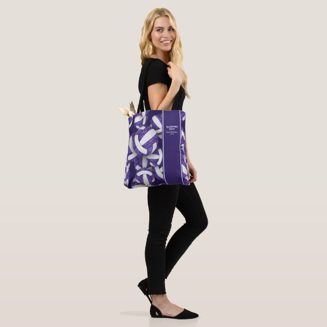 purple white team colours volleyball coach name tote bag (On Model)