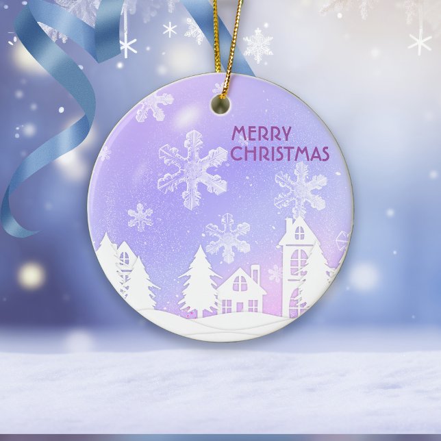 Purple White Translucent Snowflakes Snow House Ceramic Tree Decoration (Creator Uploaded)