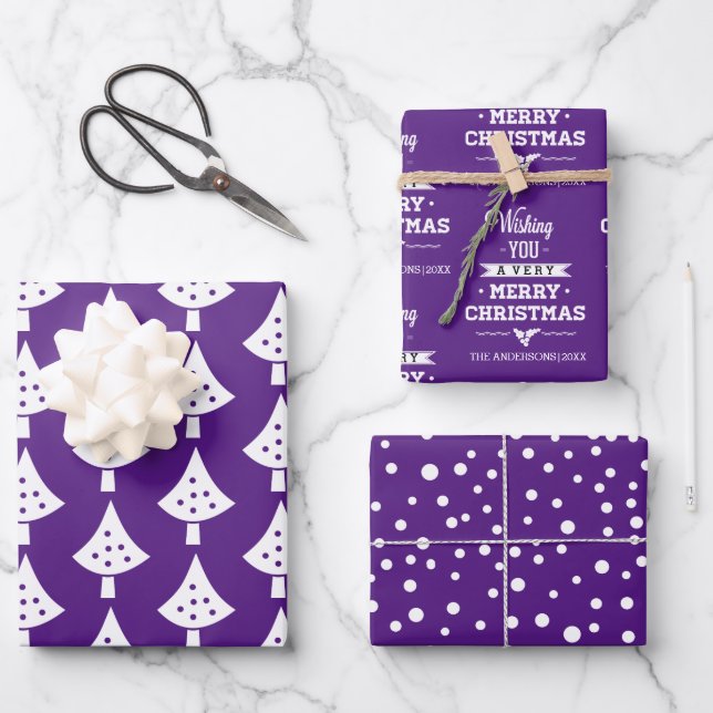 Purple white trees snowflakes and wishes Christmas Wrapping Paper Sheet (Front)