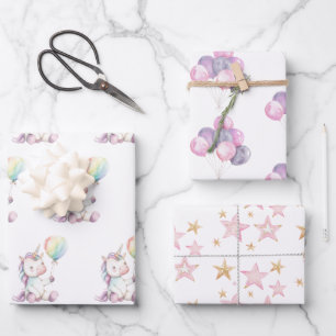 Purple White Unicorn Balloon Birthday Wrapping Paper Sheet
