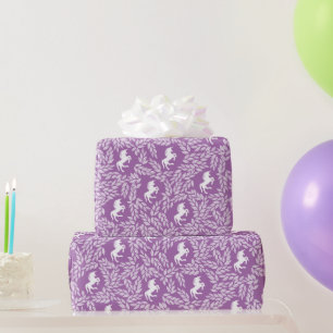 Purple & White Unicorn Floral Leaf Pattern Wrapping Paper