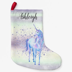 Purple White Unicorn Sparkle Glitter Name  Small Christmas Stocking