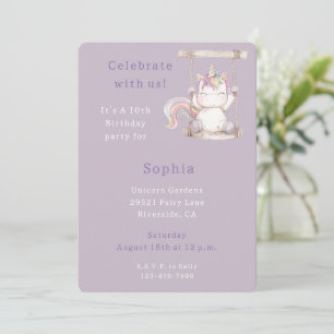 Purple White Unicorn Swing Birthday Invitation