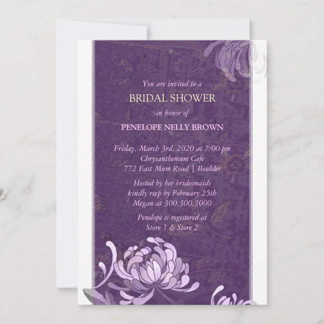 Purple & White Unique Floral Bridal Shower Invitation (Front)