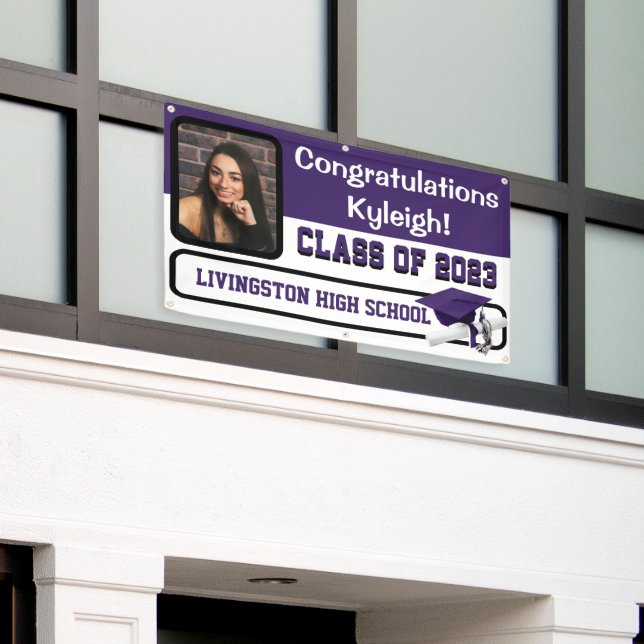 Purple & White Vinyl Graduation Banner (Outside Building)