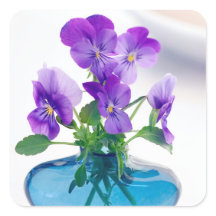Purple  White Violas   Flowers Blue Vase Floral
