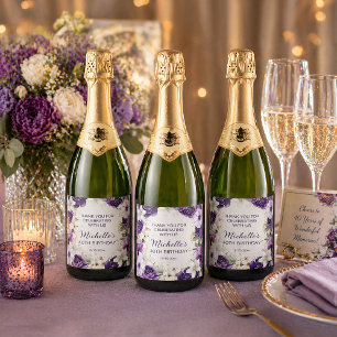 Purple White Watercolor Floral Glitter Birthday   Sparkling Wine Label