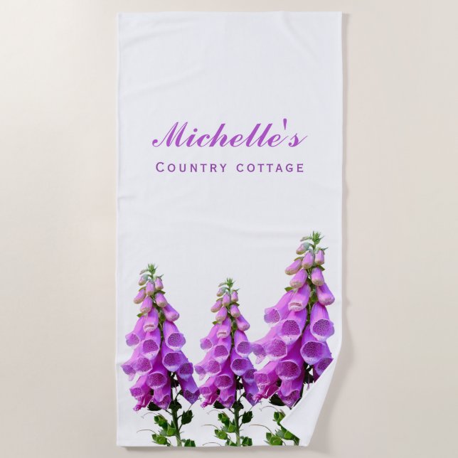 Purple white wildflowers floral pink purple script beach towel (Front)