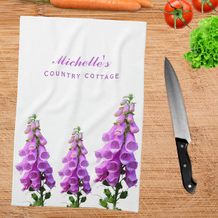 Purple white wildflowers floral pink purple script tea towel