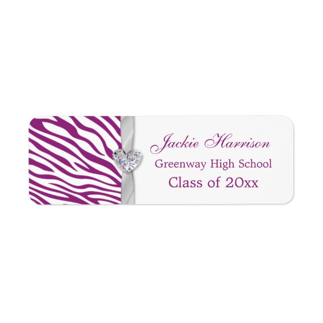 Purple white zebra ribbon, heart Graduation label (Front)
