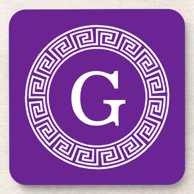 Purple Wht Greek Key Rnd Frame Initial Monogram Coaster (Front)