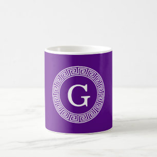 Purple Wht Greek Key Rnd Frame Initial Monogram Coffee Mug