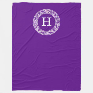 Purple Wht Greek Key Rnd Frame Initial Monogram Fleece Blanket