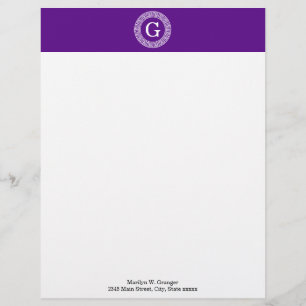 Purple Wht Greek Key Rnd Frame Initial Monogram Letterhead Design