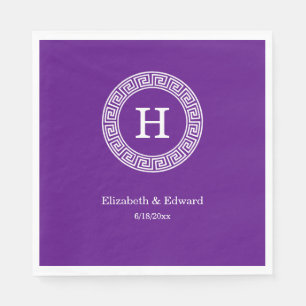 Purple Wht Greek Key Rnd Frame Initial Monogram Napkin