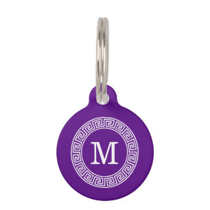 Purple Wht Greek Key Rnd Frame Initial Monogram Pet Tag