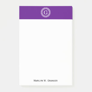 Purple Wht Greek Key Rnd Frame Initial Monogram Post-it Notes