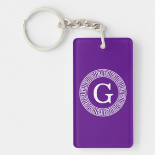 Purple Wht Greek Key Rnd Frame Initial Monogram Ring