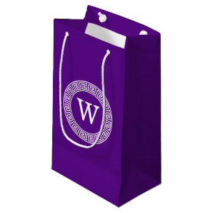 Purple Wht Greek Key Rnd Frame Initial Monogram Small Gift Bag
