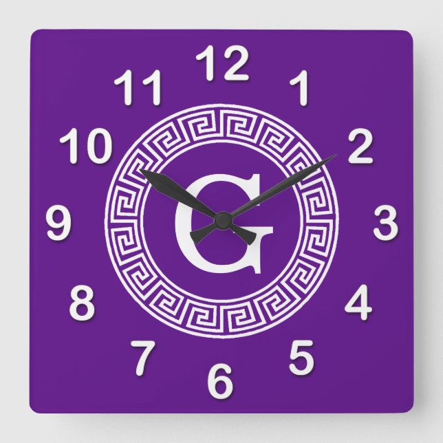 Purple Wht Greek Key Rnd Frame Initial Monogram Square Wall Clock (Front)