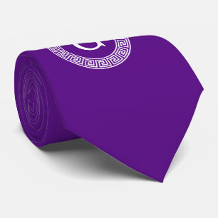 Purple Wht Greek Key Rnd Frame Initial Monogram Tie