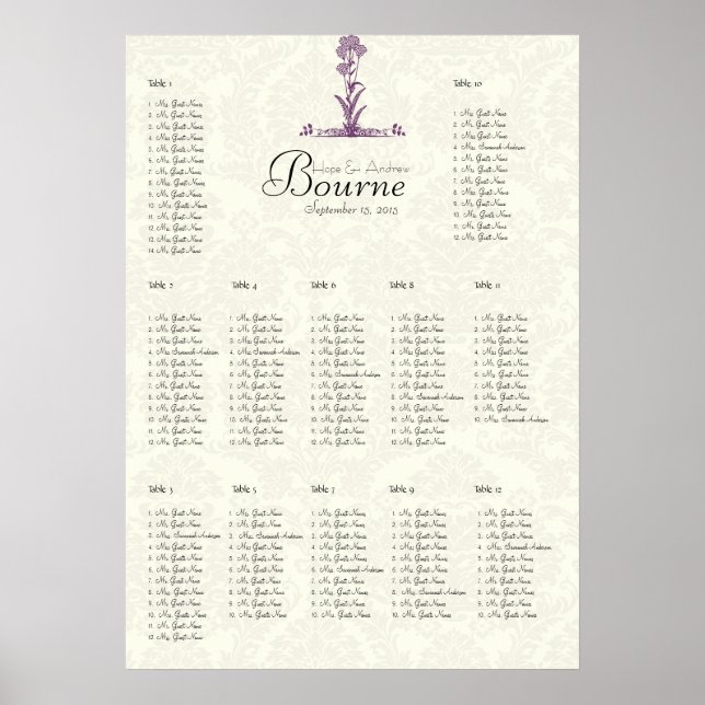 Purple Wild Flower Branch Seating Chart (Front)