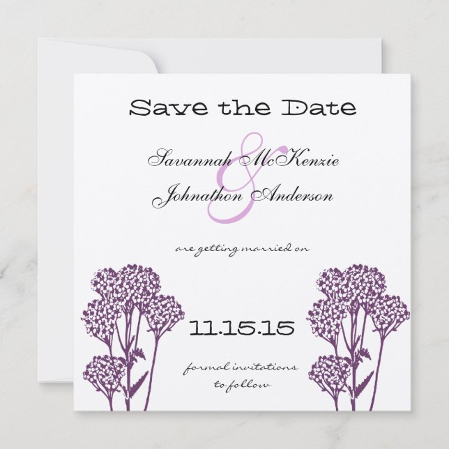 Purple Wild Flower Branch Wedding Save the Date Invitation (Front)