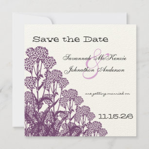 Purple Wild Flower Branch Wedding Save the Date Invitation