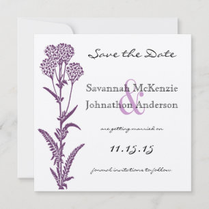 Purple Wild Flower Branch Wedding Save the Date Invitation