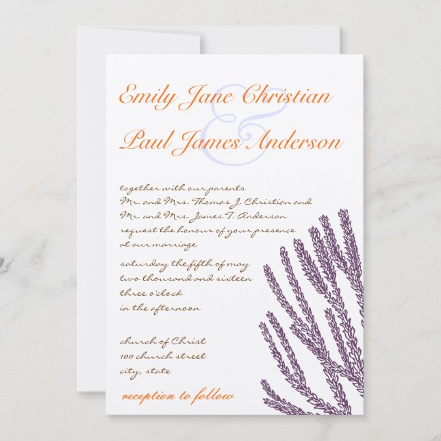 Purple Wild Flower & Coral Font Wedding Invitation (Front)
