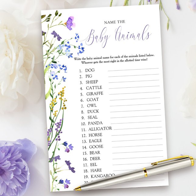 Purple Wildflower Baby Animal Name Quiz Game (Baby Animals Game Card from my Purple Wildflower Collection.)