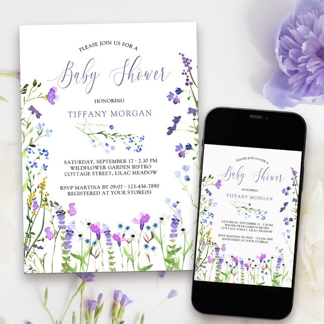 Purple Wildflower Baby Shower Dainty Floral Invitation (Baby Shower Invitation with delicate wild flowers from my Purple Wildflower Collection.
)