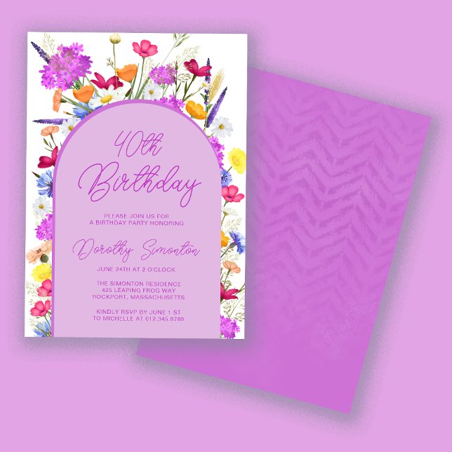 Purple Wildflower Boho 40th Birthday Party Invitation (Creator Uploaded)
