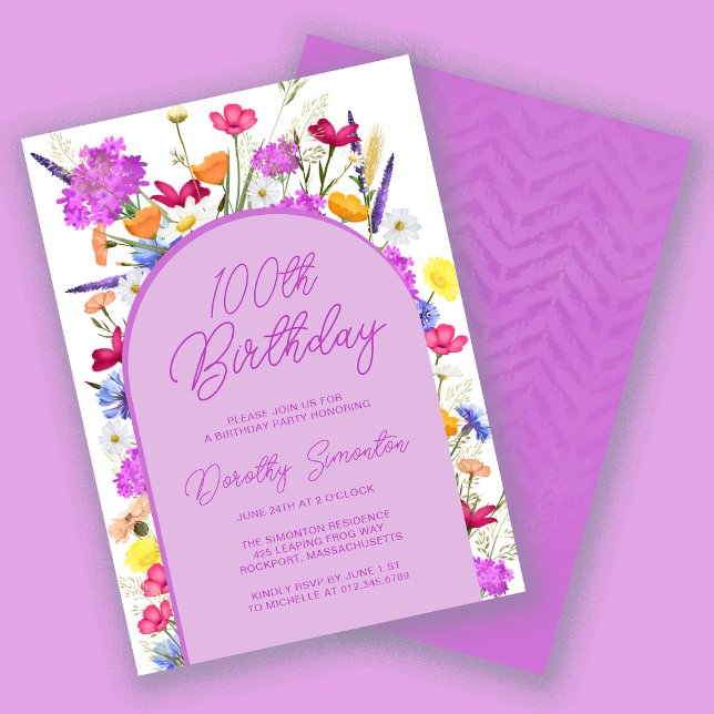 Purple Wildflower Boho Arch 100th Birthday Party Invitation (Creator Uploaded)