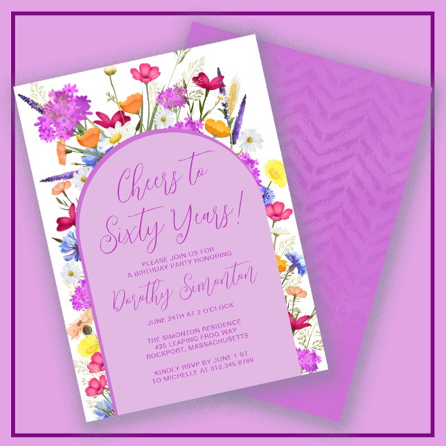 Purple Wildflower Boho Arch 60th Birthday Party Invitation (Creator Uploaded)