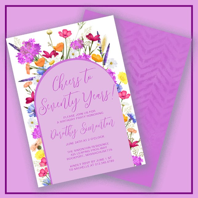 Purple Wildflower Boho Arch 70th Birthday Party Invitation (Creator Uploaded)